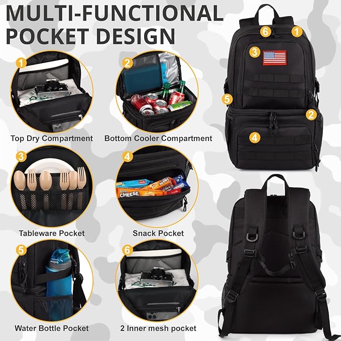 Tactical Double Deck Cooler Backpack for Men,Large Lunch Backpack with 2 Compartment,Soft Cooler Bag