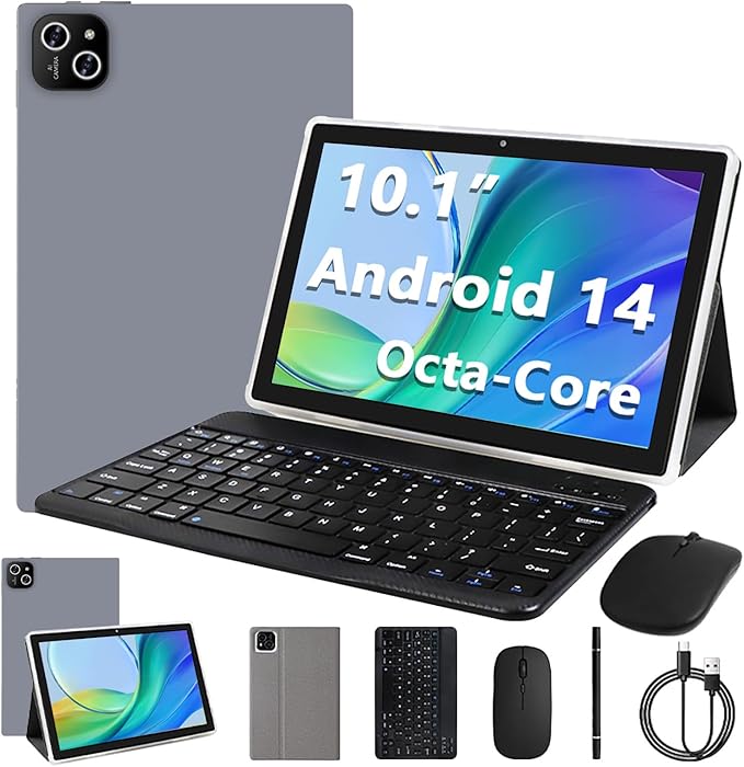 Tablet, Android 14 Tablet with 12GB RAM 64GB ROM, Octa-Core Processor Tablets with Keyboard, Mouse, 10.1 Inch 1280 * 800 IPS Touch Screen, Dual Camera, WiFi 6, BT 5.4, 6000mAh Battery