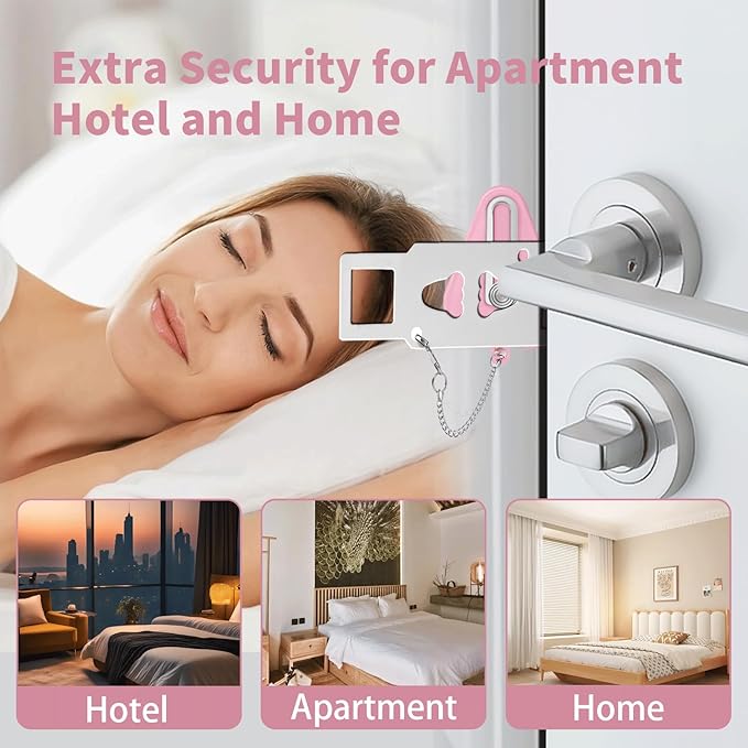 Portable Door Lock & Door Stop Alarm Set, Dual Protection Home Security Door Kit, Travel Hotel Door Lock Devices Pocket Self Defensey Tools for Traveling Hotel Home Apartment,Pink