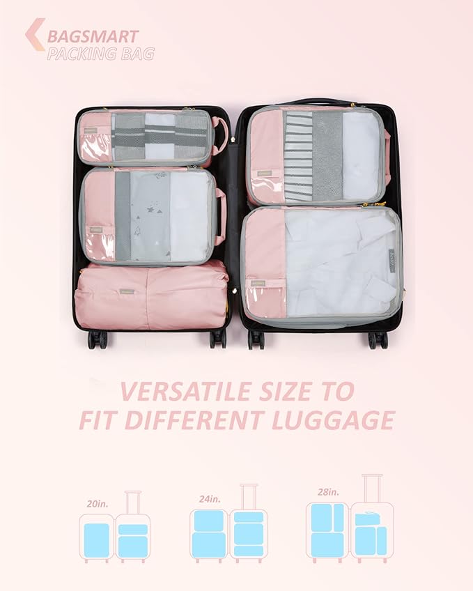 BAGSMART 6 Set Compression Packing Cubes - Lightweight Travel Essentials, Durable Luggage Organizer