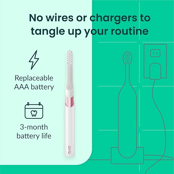 Quip Sonic Toothbrush for Adults with Timer - Includes Extra Brush Head and Travel Cover Mount - Electric, Soft Bristle Refill Head, Metal Handle, 3 Month Battery Life - Travel Toothbrush - Pink