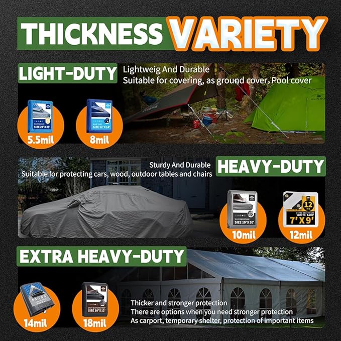 RAINDEWAY Tarps Heavy Duty Waterproof 12x25 Feet, 10Mil Multipurpose Poly Tarp Cover with Metal Grommets,Silver/Brown Tarp Finished Size,for Carport，Boats，Camping
