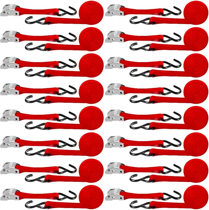 16 Pcs Cambuckle Tie Down Straps 1763lbs Break Strength Securing Straps 1'' x 15 ft Cambuckle Tie Downs with S Hook for Motorcycle, Kayak, Car, Truck, Boat Moving, Securing Cargo(Red)