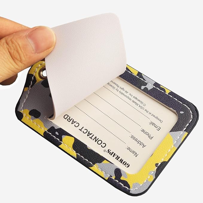 Luggage Tags for Suitcases-Leather Luggage Tag 4 Pack with Loops Cute Bag/Backpack/Suitcase Tags Travel Essentials for Flying (Camo-Yellow)