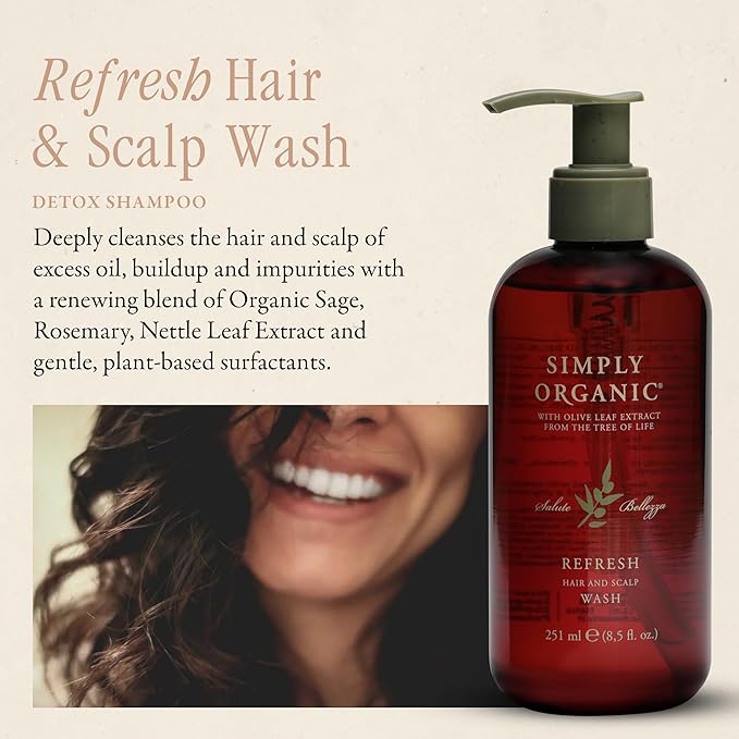 SIMPLY ORGANIC Hair Detox Clarifying Shampoo Scalp Wash, Made in Italy, All Natural Cruelty Free Hair Care for Women & Men with Rosemary, Sage & Olive Leaf Extract, 8.5 fl oz/251ml, Refresh