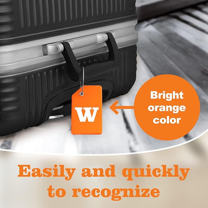 8 Pcs Luggage Tags for Suitcases, 26 Initial Letter Travel Luggage Baggage Identification Labels ID Tags Fully Bendable Tags with Stainless Steel Loop (Letter W, Orange)