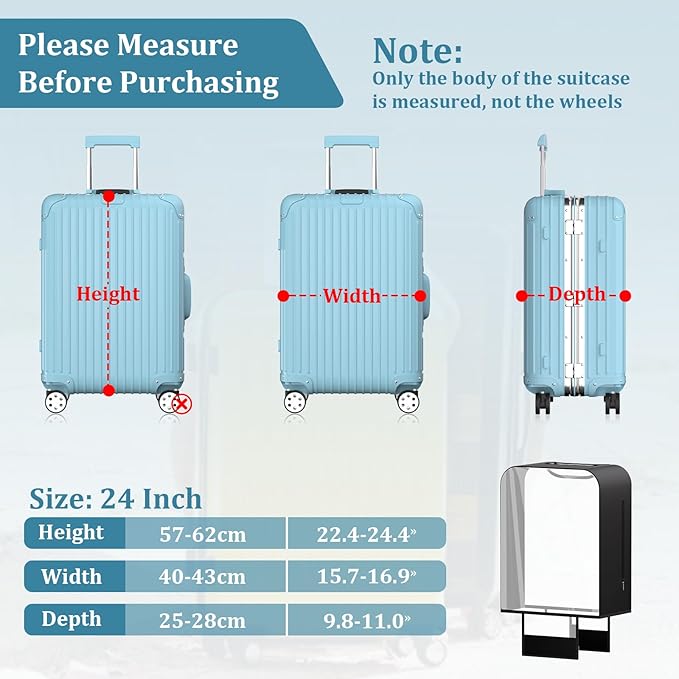 Upgraded Transparent TPU Luggage Cover Protector with Black Stretchable Sides, Fit 24 Inch Wheeled Case TSA Approved, Waterproof & Anti-Scratch, Includes Free Red Luggage Tag