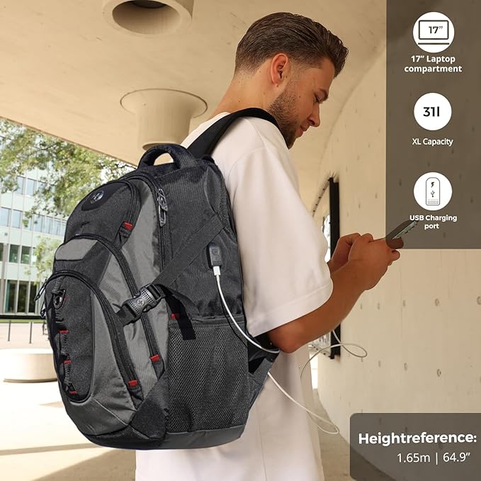 Swissdigital Design Laptop Backpack with USB Charging Port, TSA Travel Backpack Fits 15.6 inches Computer, 31L College School Backpack for Men, Black/Grey | SD803