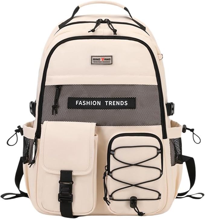 Lohol Multi-Pocket Backpack with 15.6 inch Laptop Compartment, Water Resistant Bookbag for School College and Travel (Beige)