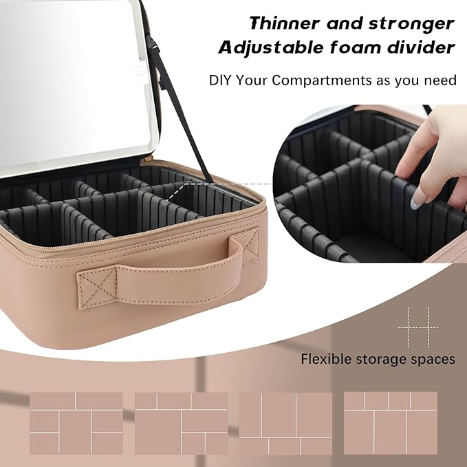 Makeup Bag with Led Mirror,Travel Makeup Organizer with 3 Color Setting, Portable Storage and Adjustable Dividers Travel Makeup Bag(Mocha)