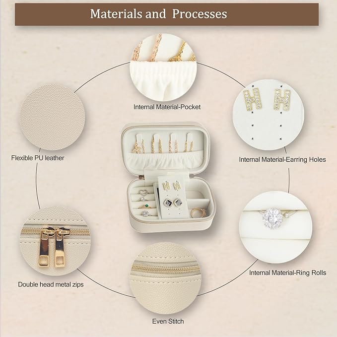 Small Travel Jewelry Case With PU Leather, Sturdy And Smooth Gold Metal Zipper, Perfect Size Suitable For Compact Jewelry Organizer Storage, Small Women's Jewelry Box Travel Accessories Beige