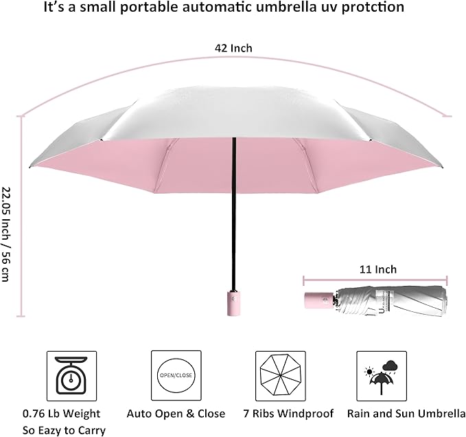 BAODINI Small UV Protection Travel Umbrella Compact for Rain and Sun UPF 50+ 41 inch Portable Umbrella for Women and Men