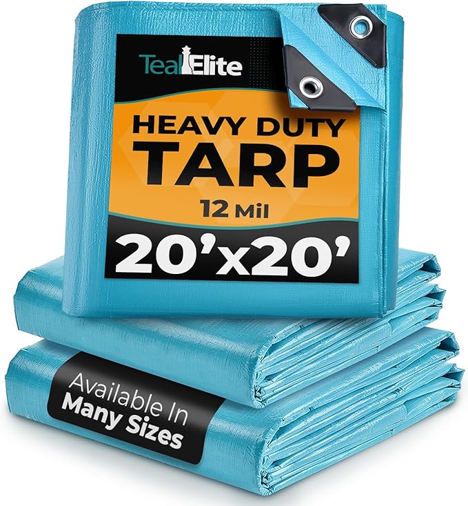 Tarps Heavy Duty Waterproof 20x20-12 mil Thick Camping Tent - Blue Tarp 20x20 UV Resistant, Rip & Tear Proof with Metal Grommets – Multipurpose Use for Camping, Tent, Boat, RV, Car, & Pool Cover