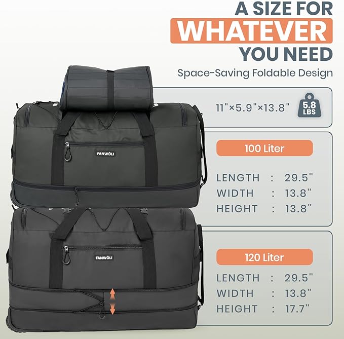 Fanwoli 30'' Rolling Duffel Bag with 2 Wheels - No-Sag Design for Heavy Loads, Expandable 100L-120L Luggage with Soft Handle & Lock, Waterproof Foldable Lightweight with for Travel, Camping,Moving