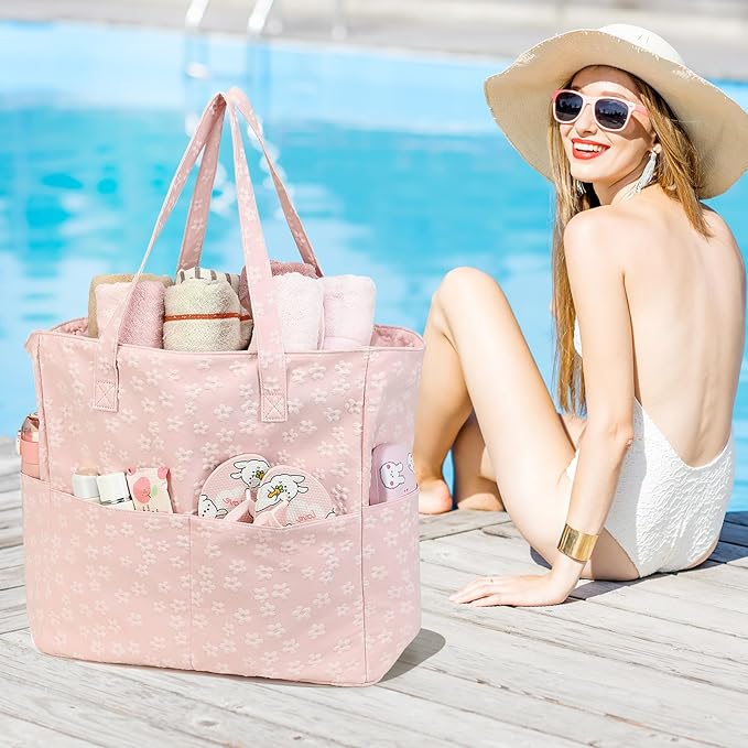 LEDAOU Large Beach Tote Bag Women Waterproof Sandproof Zipper Beach Tote Bag for Pool Gym Grocery Travel with Wet Pocket