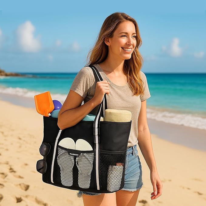 Beach Bag with Zipper - 8 Pockets Sandproof Beach Tote Bag for Women,Foldable Lightweight Family Swim Bag Vacation