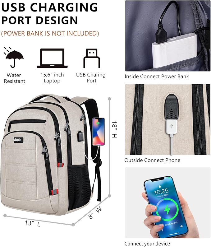Travel Laptop Backpack for Women, School Backpack with USB Charging Port,Water Resistant Backpack for Girls, Business Work College bookbag,book bag Fits 15.6 Inch,Beige Back Pack