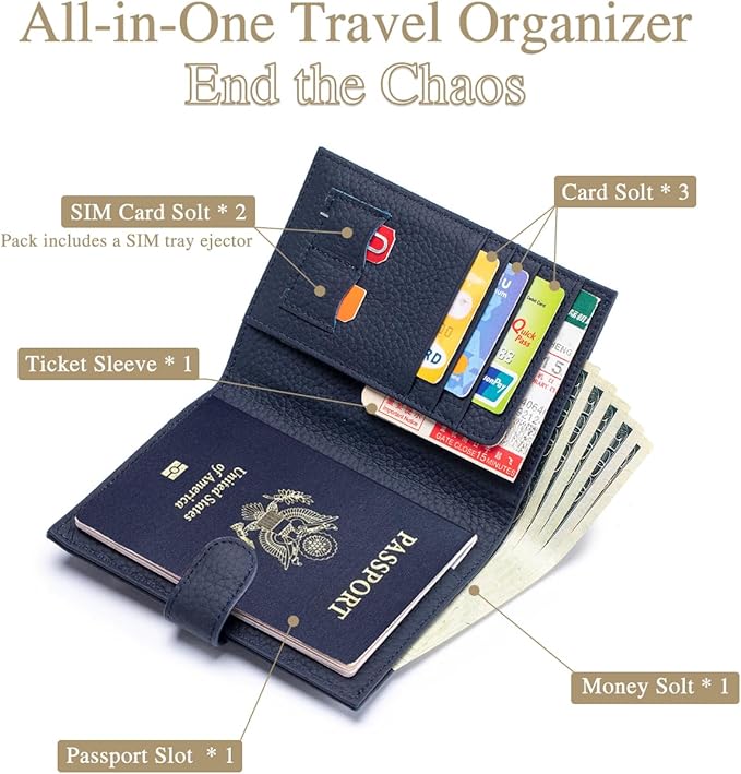 RFID Slim Leather Passport Holder for Travel Women & Men – Travel Wallet with Passport Slot & Card Slots, Zippered Coins Pocket and Cash Holder Cover Case (Sapphire Blue)