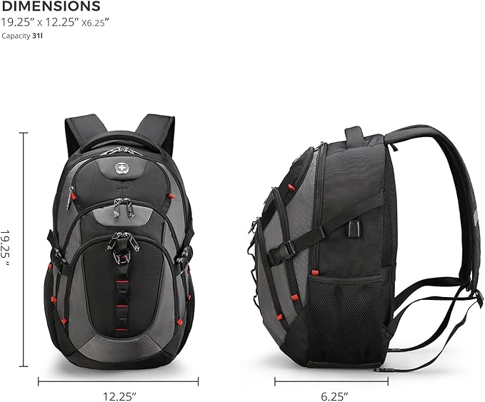 Swissdigital Design Laptop Backpack with USB Charging Port, TSA Travel Backpack Fits 15.6 inches Computer, 31L College School Backpack for Men, Black/Grey | SD803