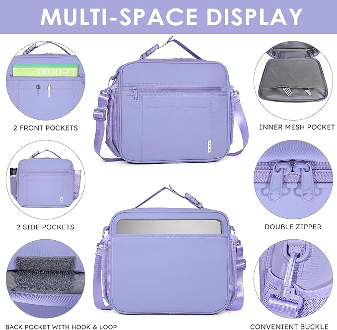NOL Kids Lunch Bag -Kids 3+ Reusable Insulated Lunch Box with Zipper Closure Buckle Handle Adjustable Long Shoulder Strap, Easy-Clean Waterproof Fabric, Children Lunch Tote Bag for School-Light purple