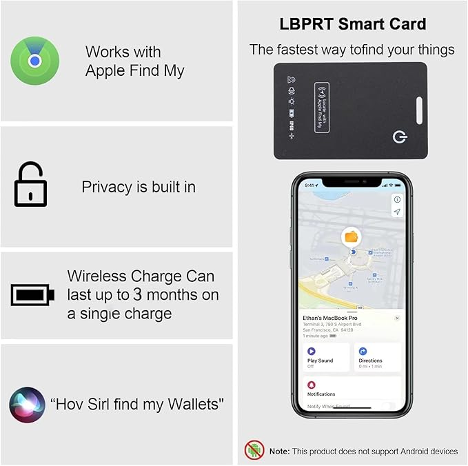 [Apple MFi Certified] LBPRT Air Card Tag Rechargeable Wallet Tracker Thin 1.6mm, Item Finder Work with Apple Find My APP (iOS Only, Android not Supported) Smart Locator for Luggage Suitcase, Purse,Bag