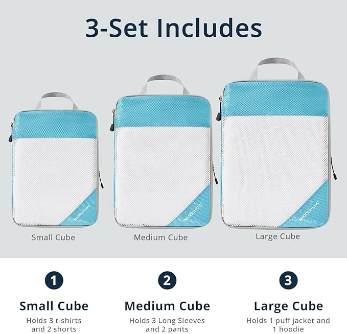 Compression Packing Cubes 3 Set, Compressible Space-Saving Packing Cubes for Travel - Compression Bags, Luggage Organizer, Travel Essentials for Women, Teal