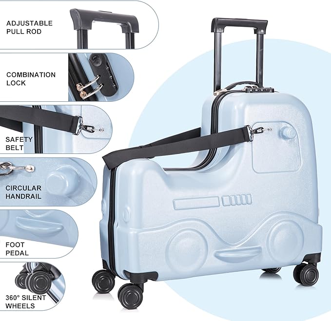 Apelila 22 inch Ride on Suitcase for Kids Travel Trolley Luggage with Spinner Wheels Travel Suitcase for Child with Combination Lock/Safety Belt/Telescoping Handle (Blue)