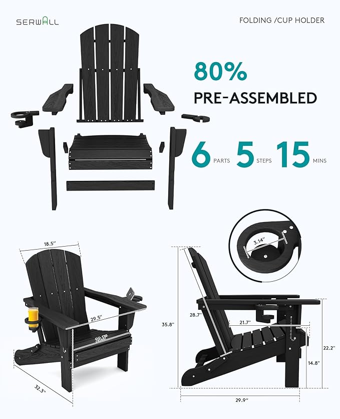 SERWALL HDPE Folding Adirondack Chair with Dual Cup Holder - Composite Adirondack Chair Set of 8- Black