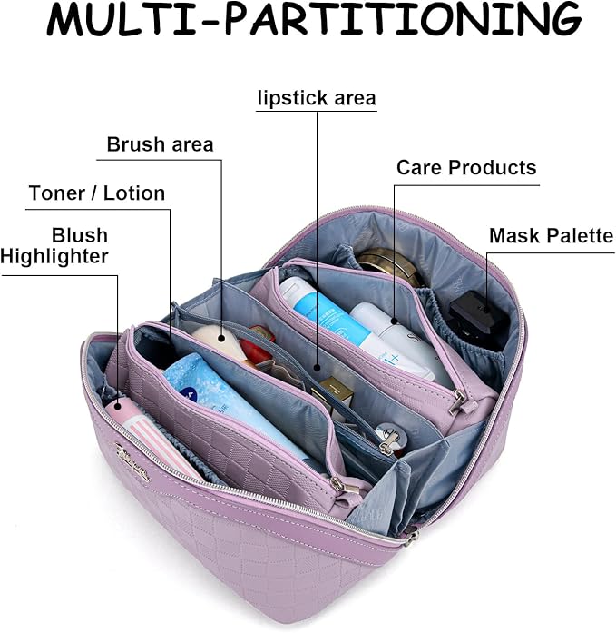 Travel Makeup Bag Organizer Cosmetic Bag: 3 Pcs Set Make up Bags for Women with Handle - Waterproof Vegan Leather Toiletry Bags with Comparments (C-01-Purple)