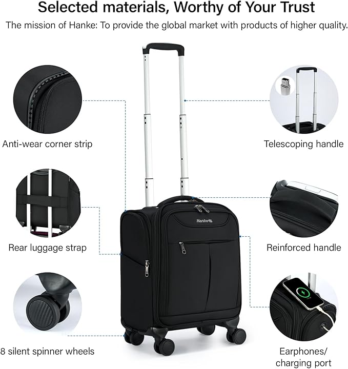 Hanke Underseat Carry On Luggage with Wheels, Lightweight Small Suitcase Airline Approved 16 Inch Softside Personal Item Travel Bag for Women Men, Compact Under Seat Luggage with Spinner Wheels,Black