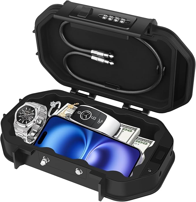 Portable Safe Box, Travel Safe Lock Box with Code, 4 Digit Combination Lock Waterproof Anti-Theft Lock Box with Removable Chain, Portable Lockbox for Beach Outdoor Dorm Hotel Home Car