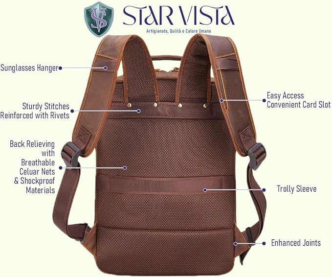 STAR VISTA Angelo 17.3" Vintage Full Grain Leather Laptop Backpack for Men, Multi Pockets, Casual Outdoor Business Travel Rucksack, YKK Zippers, Dark Brown