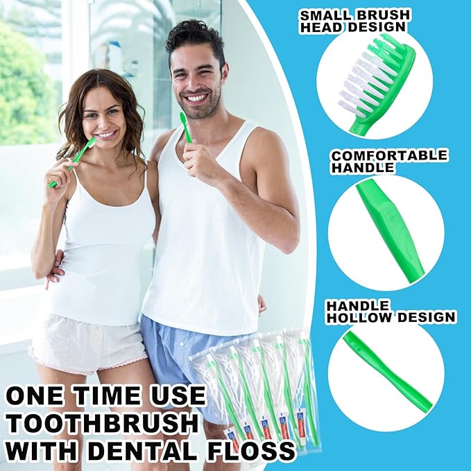 Disposable Toothbrushes with Toothpaste and Floss,200Pcs Green Single Use Individually Wrapped Disposable Travel Toothbrushes and Dental Floss Kit Bulk for Homeless,Airbnb,Hotel,Dentist