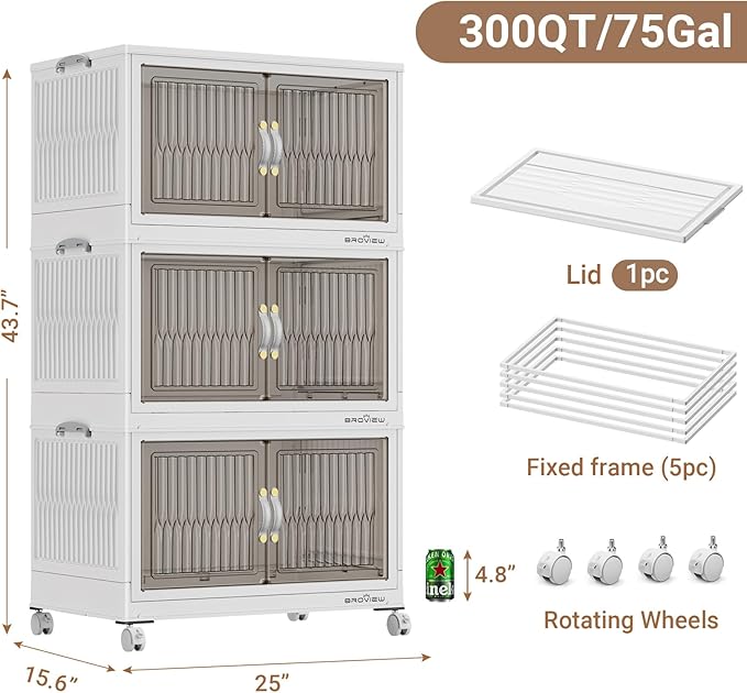 BROVIEW 300Qt Stackable Storage Bins with Lid, Extra Large Closet Organizer Collapsible Drawer Boxes with Wheels, Folding Plastic Cabinet Containers for Home Kitchen Room Organization, 3Pack White