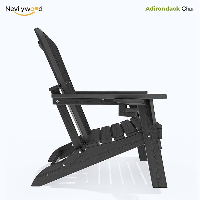 Folding Adirondack Chair - Extended Ergonomic Backrest, Cup Holder - Easy Assembly - Durable HDPE Plastic, Weather Resistant & Maintenance-Free - Lawn, Patio, Deck Supports 380lbs Black