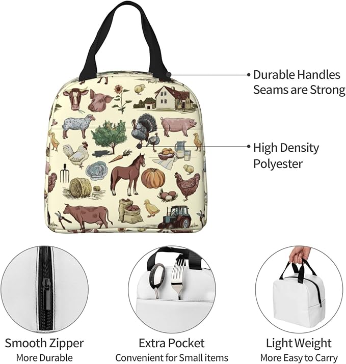 Farm Animal Lunch Bag Farm Lunch Box Insulated Reusable Lunch Tote Bag Cooler Tote Bag for Men Women