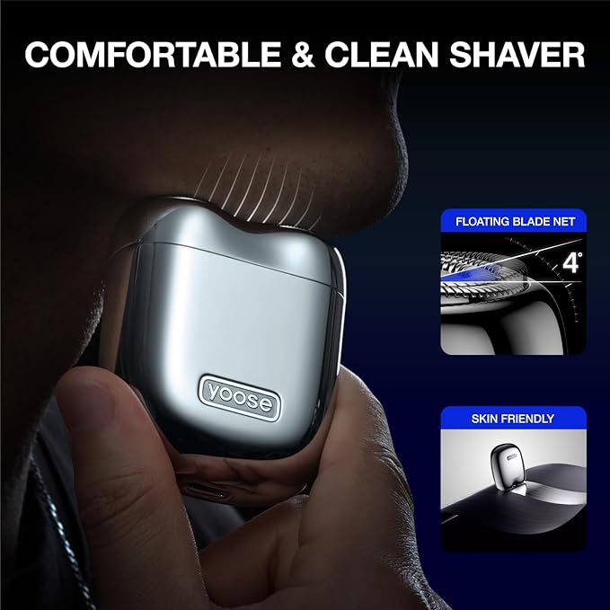 yoose Mini Electric Shaver, Alloy Portable Travel Shavers, Cordless Shaving, USB-C Rechargeable Electric Razor for Men, Dry Shave, IPX7 Waterproof, Detachable Head, Easy Cleaning, Blue