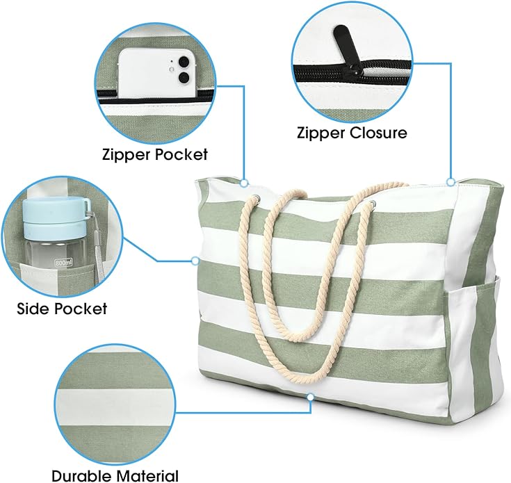 Becokan Beach Bags for Women Large Waterproof Beach Tote Bag Zipper Beach Bags Waterproof Sandproof Swim Pool Bag Large Tote