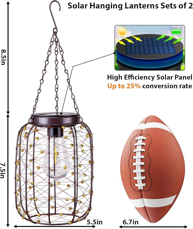 Hanging Solar Lanterns Outdoor Waterproof, Vintage Copper Hanging Lantern Lights for Outside, Solar Chandelier Outdoor Idea for Yard Garden Pathway Gazebo Pergola Porch Decor, 2 Pack