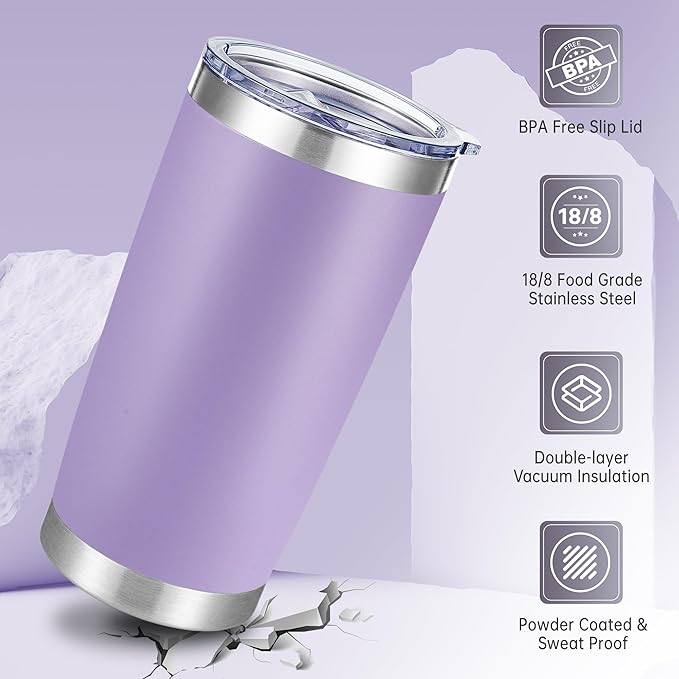 20 oz Tumbler Stainless Steel Tumblers with Lid Double Wall Vacuum Insulated Coffee Mug 20oz Powder Coated Cup for Hot and Cold Drinks, Purple, 1 pack