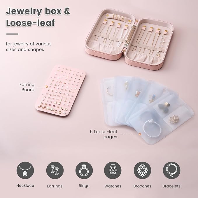 Lolalet Travel Jewelry Organizer, Jewelry Storage Case with Pocket, Earrings Necklaces Bracelets Ring Zippered Storage Pouch for Women -Pink