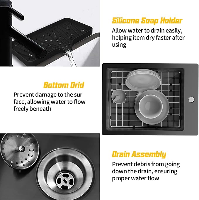 Small Black Kitchen Sink,15x20 Inch Stainless Steel Drop In Toprmount Kitchen&Bar Sink Ideal Choice For Small Space, Prep Area, RV With Bottom Grid,Soap Mat And Drain Assembly