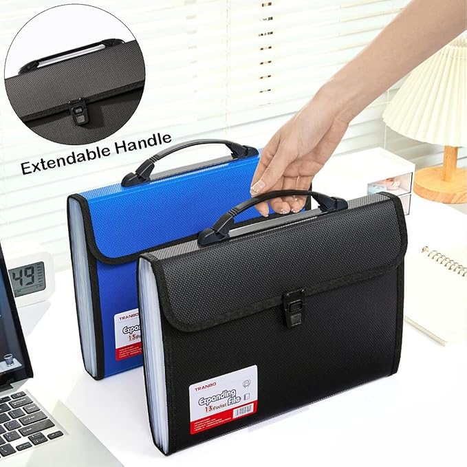 12 Pockets Letter Size/A4 Accordion File Organizer with Handle, TRANBO Expanding File Folder, Portable Paper Organizer, Expandable Plastic Document Organizer for Travel School Office - Blue