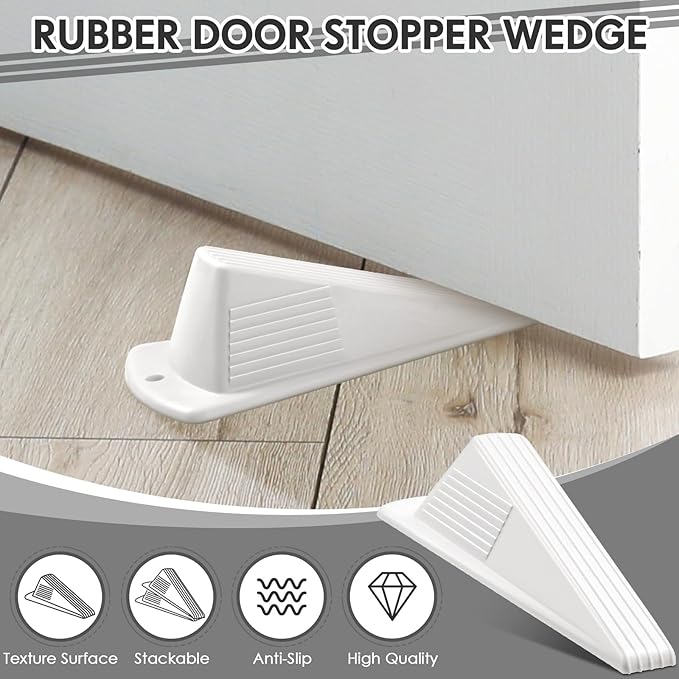 Frienda 4 Pcs Jumbo Door Stoppers Heavy Duty Door Stopper Tall up to 2inch Tall Wedge TPR Large Wedge Stackable Big Rubber Doorstop for Hotel Carpet Hardwood Concrete and Tile (White)