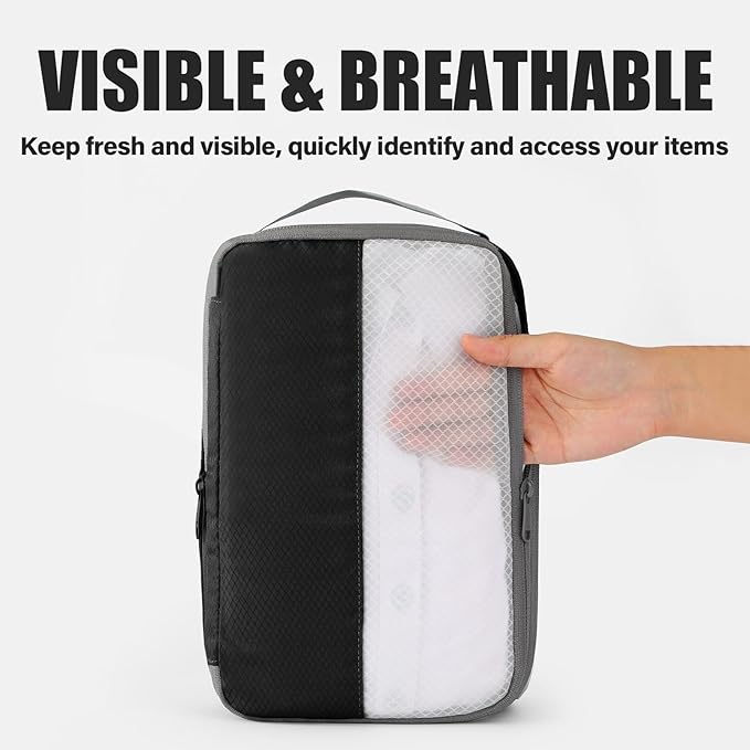 6 Set Compression Packing Cubes for Travel, Bonus Versatile Drawstring Backpack, Lightweight Luggage Organizer Bags, Sturdy Travel Accessories for Suitcase, Black