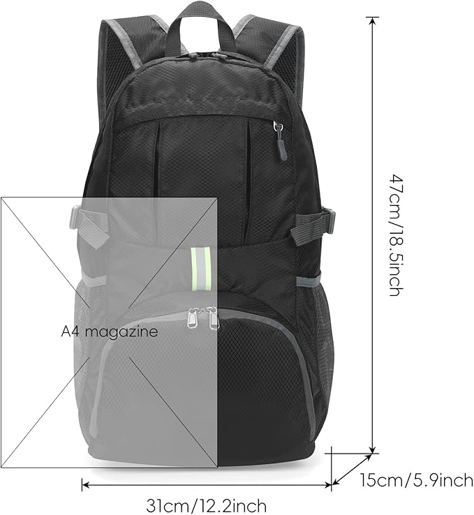 Yaopeing Lightweight Backpack,25L Foldable Hiking Packable,Water Resistant Travel Outdoor Shoulder Bag for Woman Men,Black