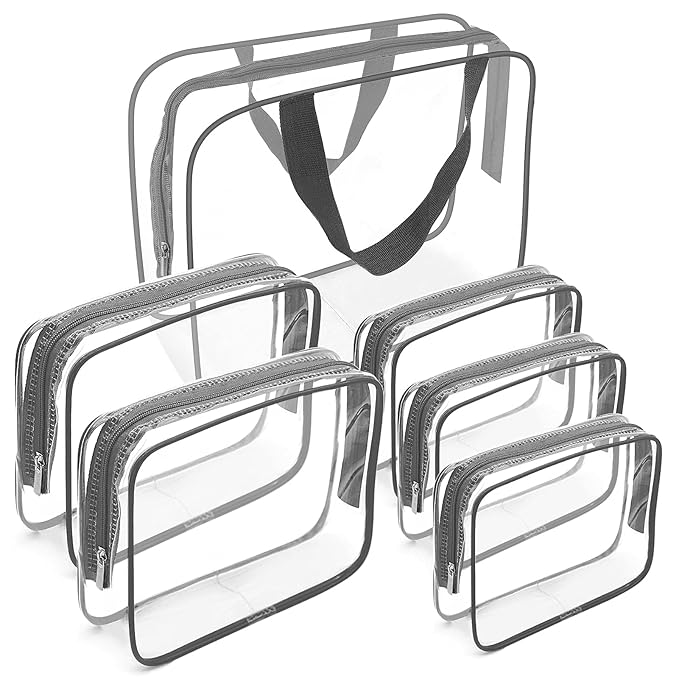 APREUTY Clear Makeup Bags, TSA Approved 6Pcs Cosmetic Makeup Bags Set Clear PVC with Zipper Handle Portable Travel Luggage Pouch Airport Airline Bags Bathroom (Gray)