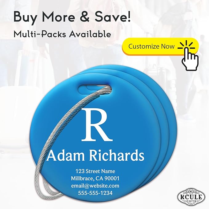 Customized Stainless Steel Luggage Tags: Personalize Your Suitcases, Backpacks, and Bags with Your Text (Blue)
