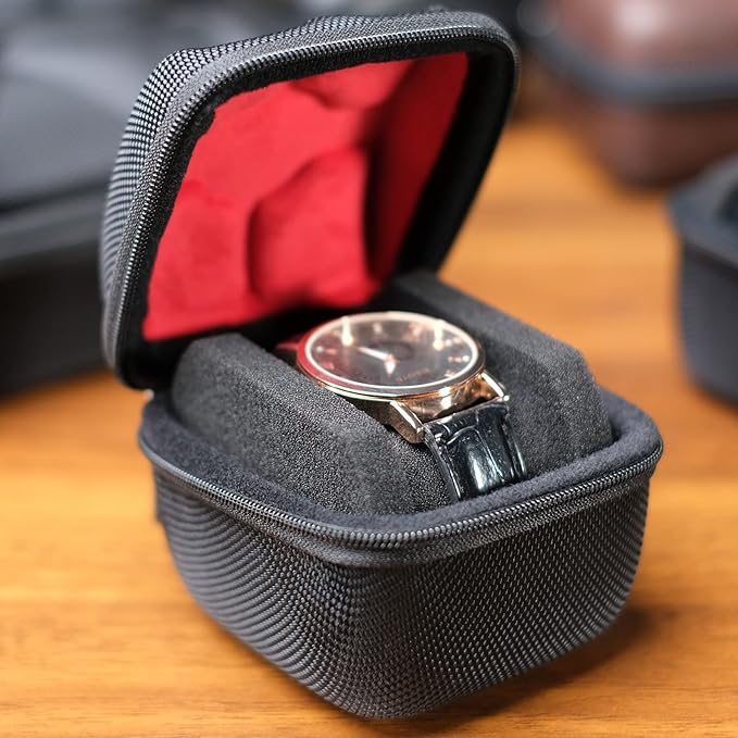 Hard single watch travel case, men's sports watch organizer box with flexible watch pillow (Black, 1 slot red lining)