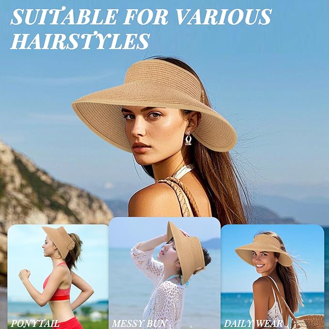 Sun Hats for Women Straw Beach Hat Wide Brim Sun Visor Summer Hat Packable Floppy Beach Vacation Essentials Green
